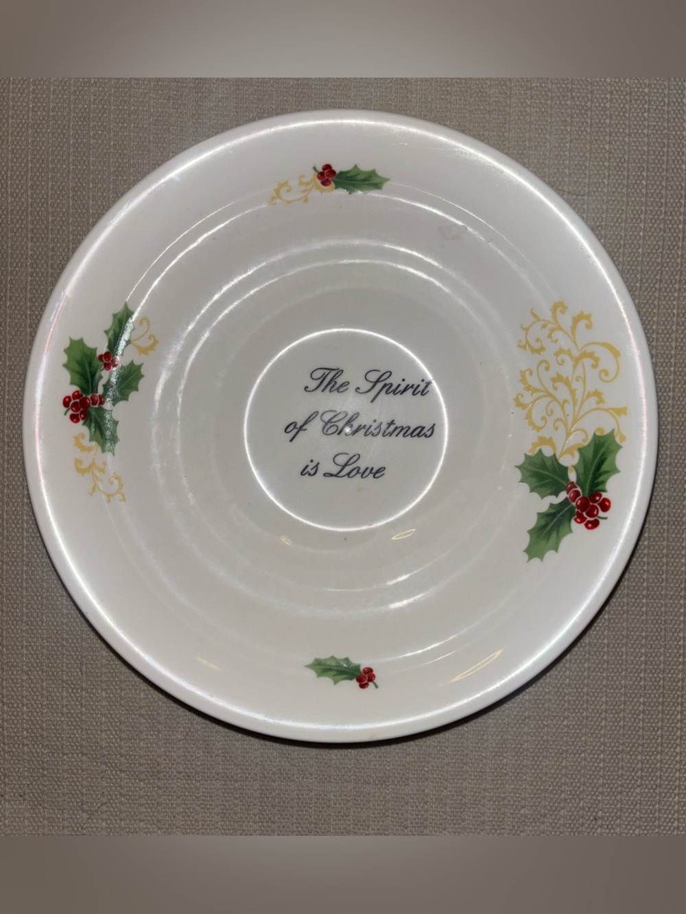 Vintage ATICO Christmas Serving Bowl The Spirit of Christmas is Love Holly Gold